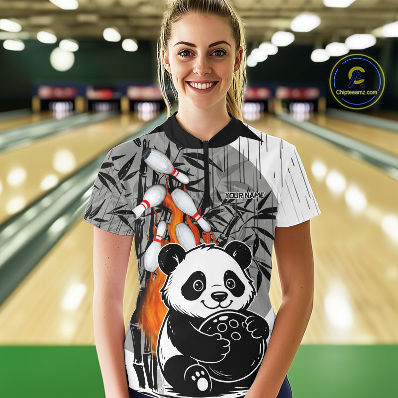 Black and White Panda Bowling Shirts For Women Custom Funny Team Bowling Jerseys, Bowling Uniform NQS11113