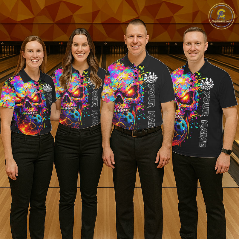 Colorful Skull bowling jerseys Bowling Polo, 1/4 zip Shirt Custom Bowling Team shirt for ladies NQS11317