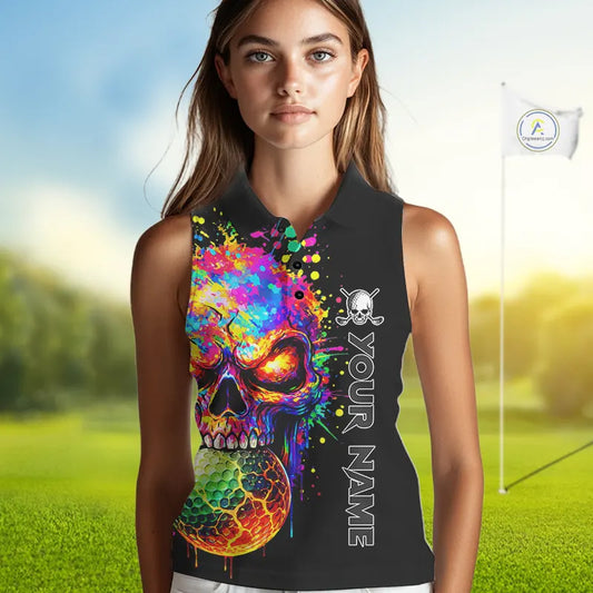 Colorful Skull Golf jerseys Black Women's Sleeveless polo shirt Custom Team ladies golf clothes NQS11318