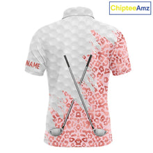 Load image into Gallery viewer, Pink glitter Leopard skin pattern custom name white Mens golf polo shirts, team golf tops for men NQS11526