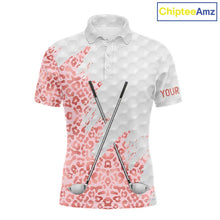 Load image into Gallery viewer, Pink glitter Leopard skin pattern custom name white Mens golf polo shirts, team golf tops for men NQS11526