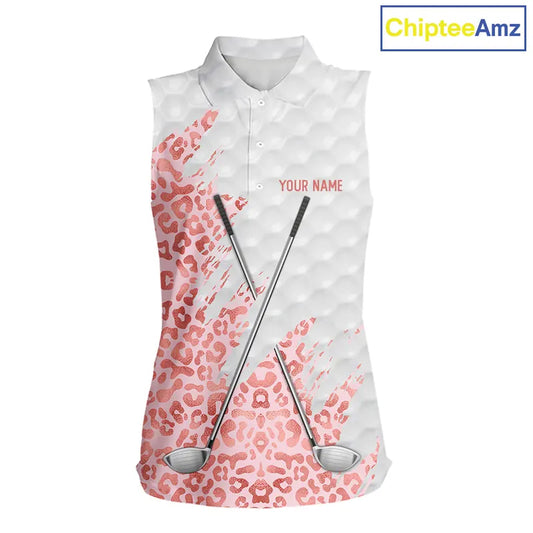 Pink glitter Leopard skin pattern custom name white sleeveless polo shirts, team ladies golf tops NQS11526