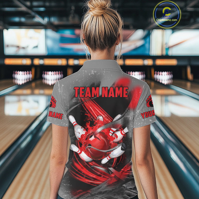 Red Sugar Skull Tattoo Custom Women Bowling Polo, Quarter Zip Shirts,Team Bowling Jerseys NQS11528