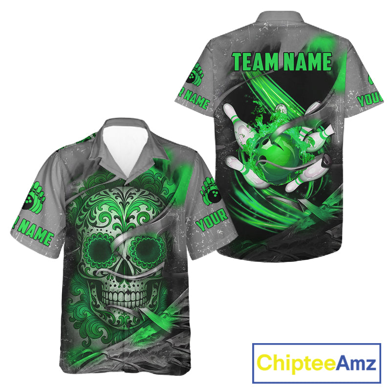 Green Sugar Skull Tattoo Custom Bowling Hawaiian Shirt, Team Bowling button up shirt NQS11529