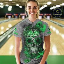 Load image into Gallery viewer, Green Sugar Skull Tattoo Custom Women Bowling Polo, Quarter Zip Shirts,Team Bowling Jerseys NQS11529