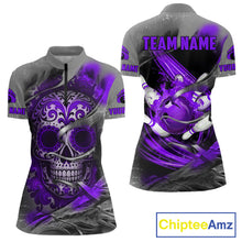 Load image into Gallery viewer, Purple Sugar Skull Tattoo Custom Women Bowling Polo, Quarter Zip Shirts,Team Bowling Jerseys NQS11530