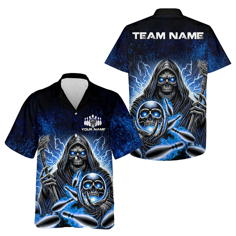 Personalized Skull Hawaiian bowling shirts Custom Team Name Lightning Thunder Bowler Jerseys | Blue NQS9747