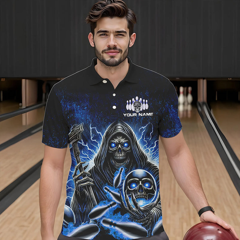 Personalized Skull Bowling Shirt For Men Custom Team Name Lightning Thunder Bowler Jerseys | Blue NQS9747