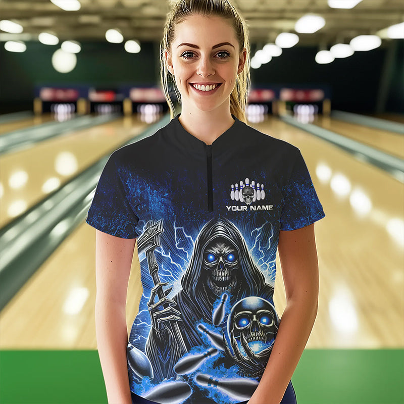 Personalized Skull Bowling Shirt For Women Custom Team Name Lightning Thunder Bowler Jerseys | Blue NQS9747