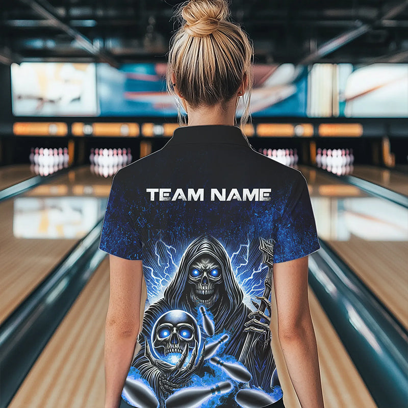 Personalized Skull Bowling Shirt For Women Custom Team Name Lightning Thunder Bowler Jerseys | Blue NQS9747