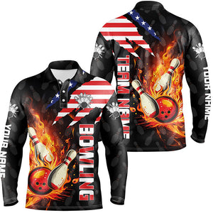 American Flag Bowling Shirt for Men Custom Flame Bowling Polo shirt, Team Bowling Jerseys NQS7526