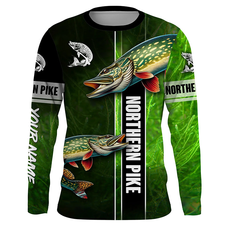 Northern Pike fishing green camo Custom Long Sleeve Fishing Shirts, fishing gifts for men, women, kid NQS5810