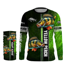 Load image into Gallery viewer, Yellow Perch fishing green camo Custom Long Sleeve Fishing Shirts, fishing gifts for men, women, kid NQS5812