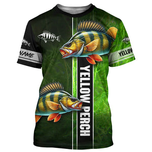 Yellow Perch fishing green camo Custom Long Sleeve Fishing Shirts, fishing gifts for men, women, kid NQS5812