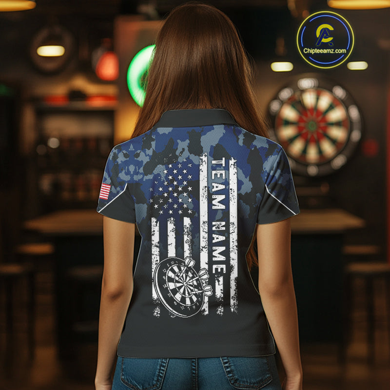 Black and Blue Camo Women Darts Shirts Custom American Flag patriotic Team Darts Jersey NQS11120