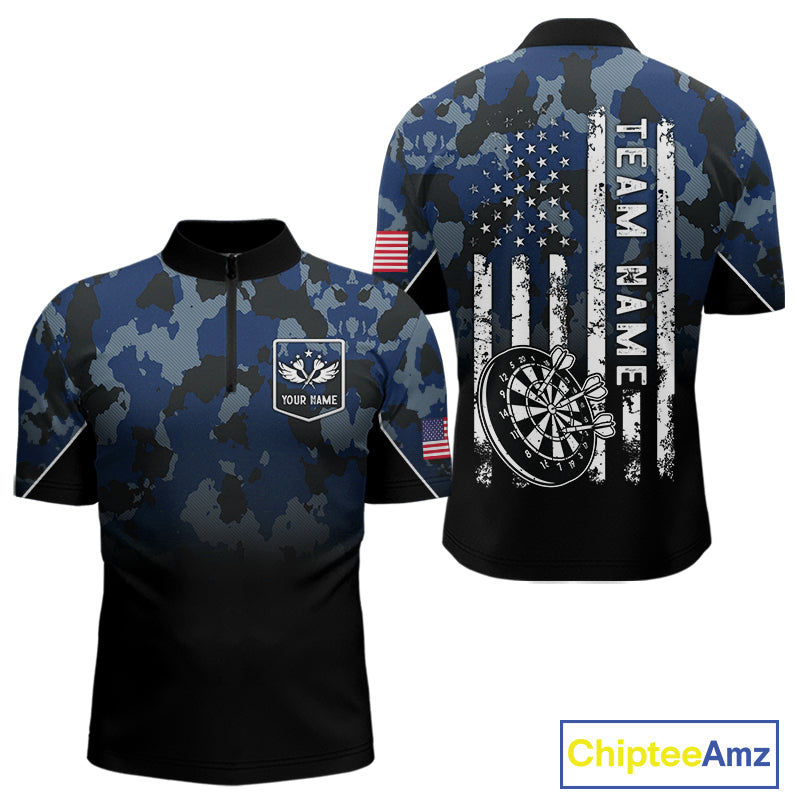 Black and Blue Camo Men Darts Shirts Custom American Flag patriotic Team Darts Jersey NQS11120