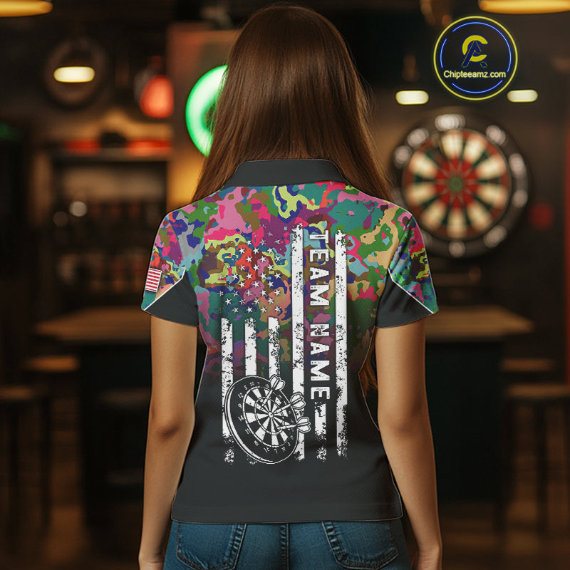 Black and Colorful Camo Women Darts Shirts Custom American Flag patriotic Team Darts Jersey NQS11122