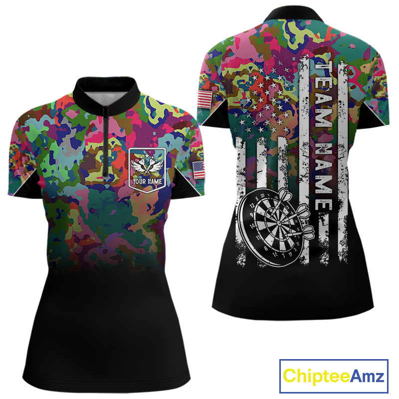 Black and Colorful Camo Women Darts Shirts Custom American Flag patriotic Team Darts Jersey NQS11122