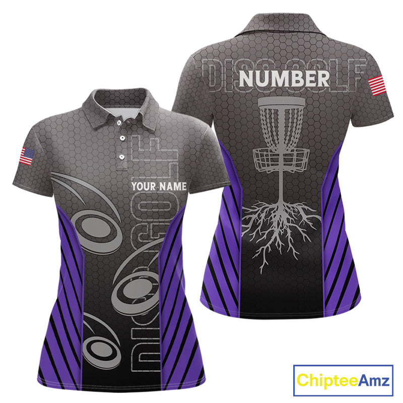Women's disc golf polo shirt custom name, number camo disc golf jersey for ladies | Purple NQS11124