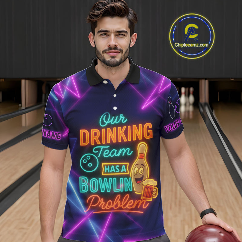 Our Drinking Team has a bowling problem Custom colorful neon funny bowling and beer shirts for men NQS11126