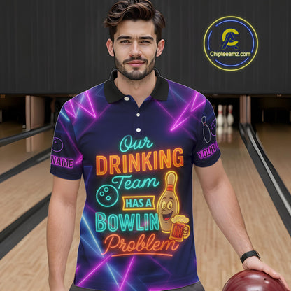 Our Drinking Team has a bowling problem Custom colorful neon funny bowling and beer shirts for men NQS11126
