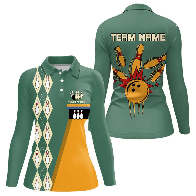 Mint Green & Yellow Retro Bowling Polo, Quarter Zip shirt for Women Custom vintage team bowling jersey NQS9262