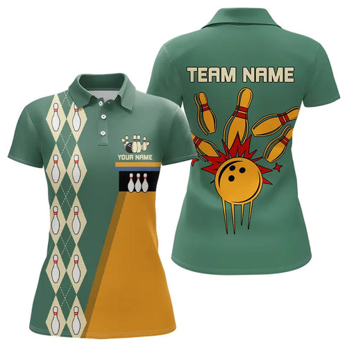 Mint Green & Yellow Retro Bowling Polo, Quarter Zip shirt for Women Custom vintage team bowling jersey NQS9262