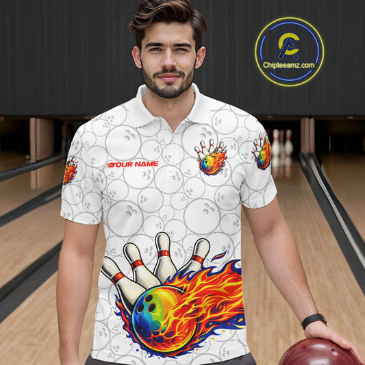 Colorful rainbow flame Bowling Polo, 1/4 zip Shirt For Men Custom white camo Bowling Team jerseys NQS11319