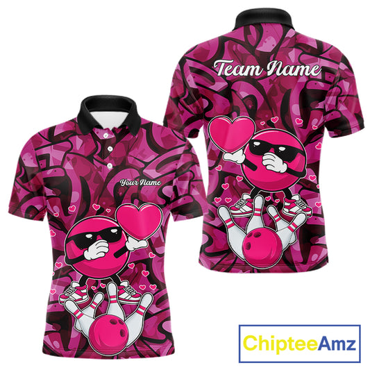 Funny Bowling heart pink graffiti pattern Valentine Mens Bowling Shirts Custom Couple Bowling Outfits NQS11322