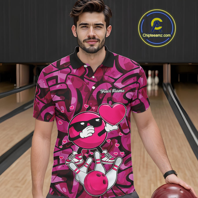 Funny Bowling heart pink graffiti pattern Valentine Mens Bowling Shirts Custom Couple Bowling Outfits NQS11322