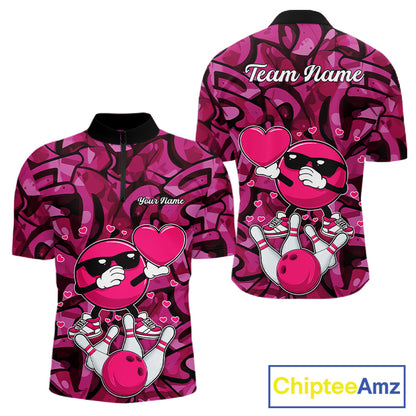 Funny Bowling heart pink graffiti pattern Valentine Mens Bowling Shirts Custom Couple Bowling Outfits NQS11322