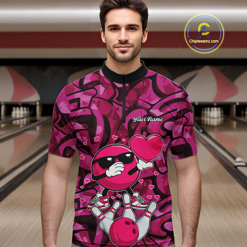 Funny Bowling heart pink graffiti pattern Valentine Mens Bowling Shirts Custom Couple Bowling Outfits NQS11322
