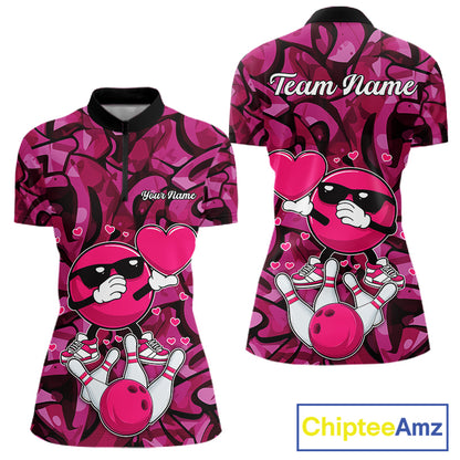 Funny Bowling heart pink graffiti pattern Custom Valentine matching bowling shirts for couples NQS11322