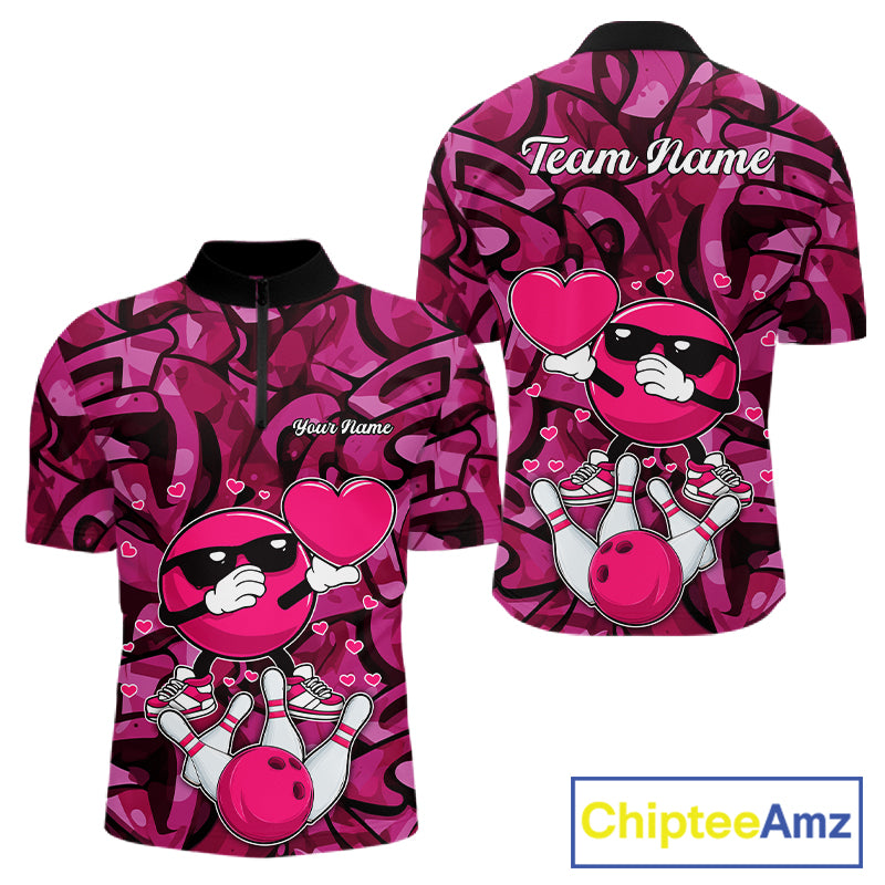 Funny Bowling heart pink graffiti pattern Custom Valentine matching bowling shirts for couples NQS11322