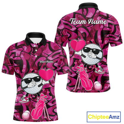 Funny Golf ball heart pink graffiti pattern Custom Valentine matching golf polo shirts for couples NQS11323
