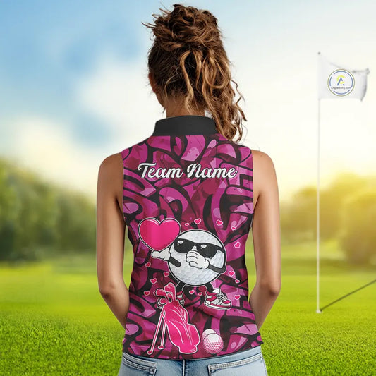 Funny Golf ball heart pink graffiti pattern Valentine Sleeveless polo shirt Custom Couple Outfits NQS11323