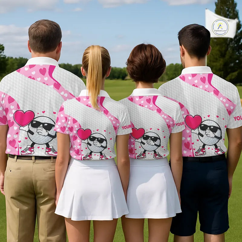 Personalized funny golf ball pink heart pattern white Womens golf polo shirts, Valentine golf gifts NQS11324