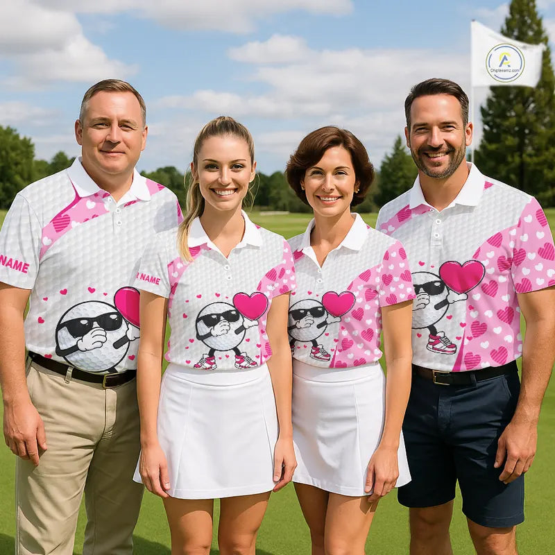 Personalized funny golf ball pink heart pattern white Womens golf polo shirts, Valentine golf gifts NQS11324