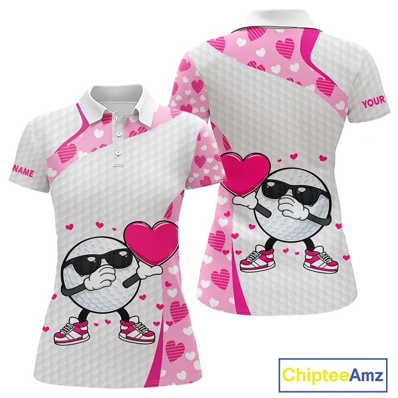 Personalized funny golf ball pink heart pattern white Womens golf polo shirts, Valentine golf gifts NQS11324