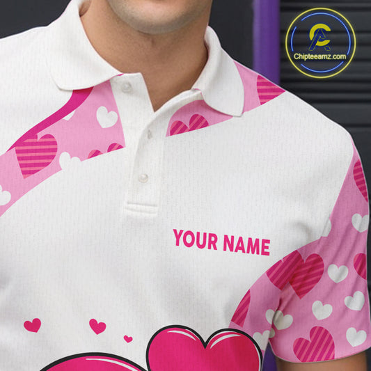 Personalized funny bowling ball pink heart pattern white Mens bowling shirts, Valentine bowling gifts NQS11325