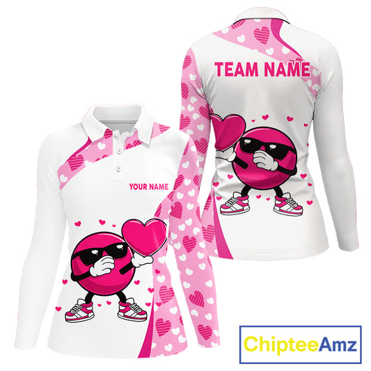 Personalized funny bowling ball pink heart pattern white Women bowling shirts, Valentine bowling gift NQS11325