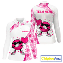 Load image into Gallery viewer, Personalized funny bowling ball pink heart pattern white Women bowling shirts, Valentine bowling gift NQS11325