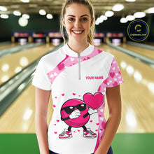 Load image into Gallery viewer, Personalized funny bowling ball pink heart pattern white Women bowling shirts, Valentine bowling gift NQS11325
