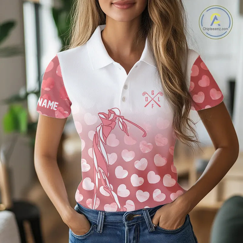 Personalized pink heart pattern white Womens golf polo shirts, custom Valentine golf gifts for her NQS11326