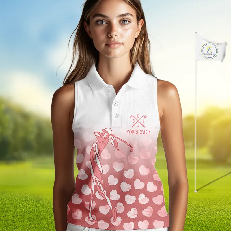 Personalized pink heart pattern white Sleeveless Golf Polo Shirt, custom Valentine golf gifts for her NQS11326