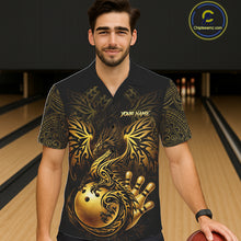 Load image into Gallery viewer, Custom Black And Gold tribal Dragon Bowling Hawaiian Shirt, Dragon Bowling Team Shirts Uniform NQS11534