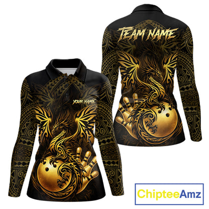Custom Black And Gold tribal Dragon Bowling Shirts For Women, Dragon Bowling Team Shirts Uniform NQS11534