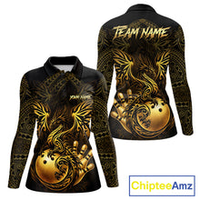 Load image into Gallery viewer, Custom Black And Gold tribal Dragon Bowling Shirts For Women, Dragon Bowling Team Shirts Uniform NQS11534