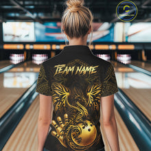 Load image into Gallery viewer, Custom Black And Gold tribal Dragon Bowling Shirts For Women, Dragon Bowling Team Shirts Uniform NQS11534