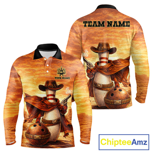Custom Funny Desert Bowling Cowboy gun bowling team shirts For Men, Bowling Polo, 1/4 zip jerseys NQS11536